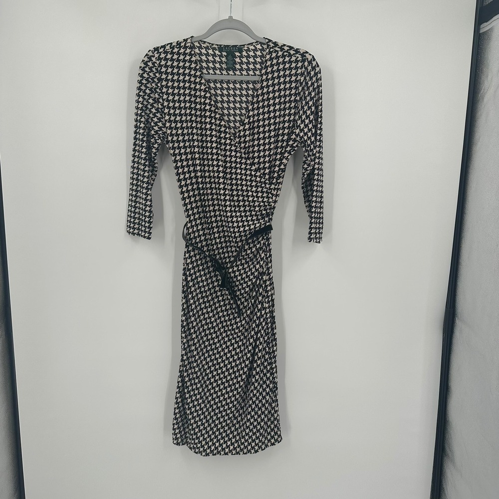 Lauren Ralph Lauren Womens Preppy Houndstooth Faux Wrap Dress Size S Parisian